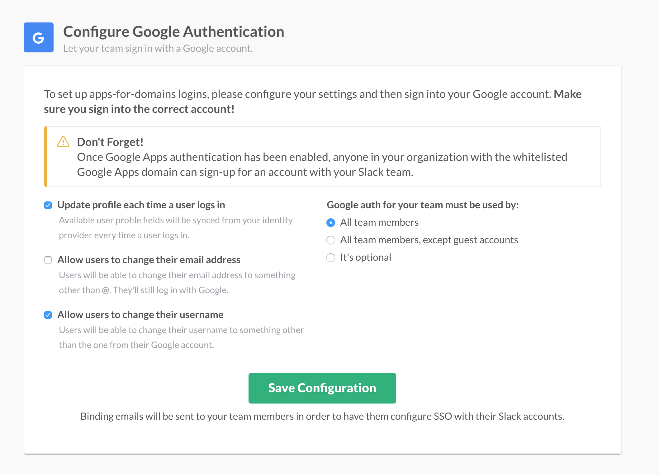 Slack Google Apps Authentication Options