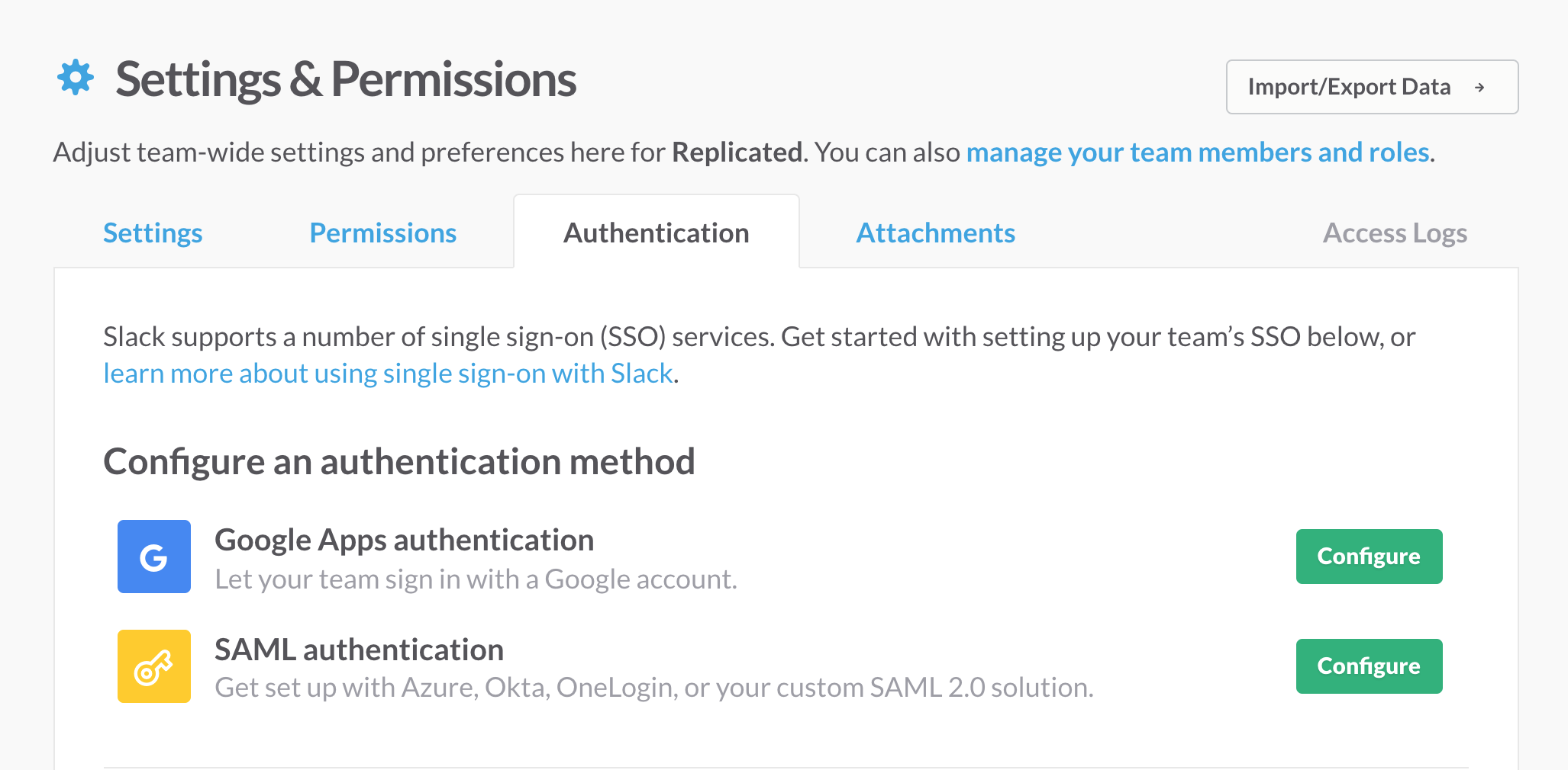 Slack Enable Alternate Authentication